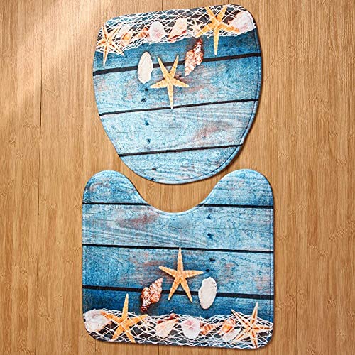 GIVBRO Badezimmermatten-Sets Flanell Seestern und Muschel Druck Badezimmer Sets Matten Badematte WC-Vorleger Toilettensitzbezug 3 Stück – Bild 6