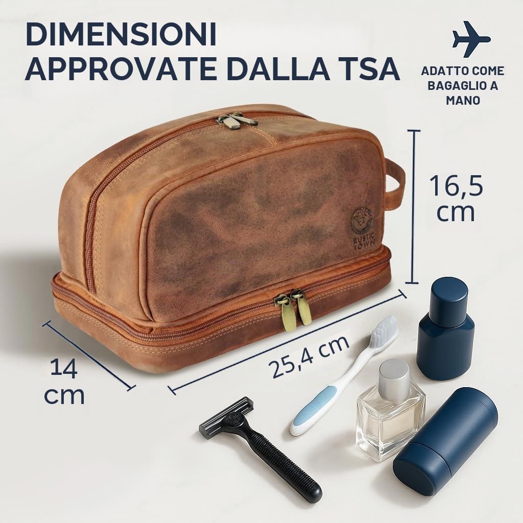 Beauty case da viaggio in vera pelle – organizer igienico Dopp kit Rustic Town