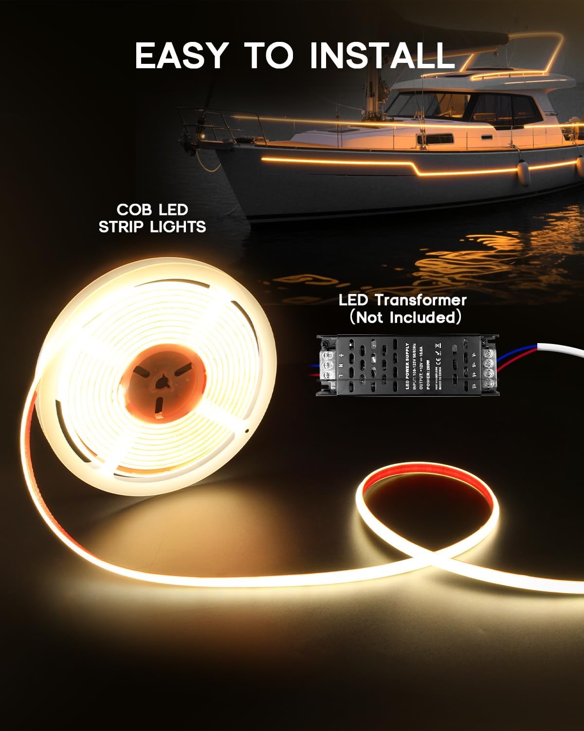 COB LED Strip Lights Daylight White 6000K,12V 16.4ft IP67 Waterproof High CRI 95Ra+ Super Bright,Flexible Boat Lights for Fishing Night Outdoor Bathroom Swimming Pool(Power Supply Not Included) - Image 7