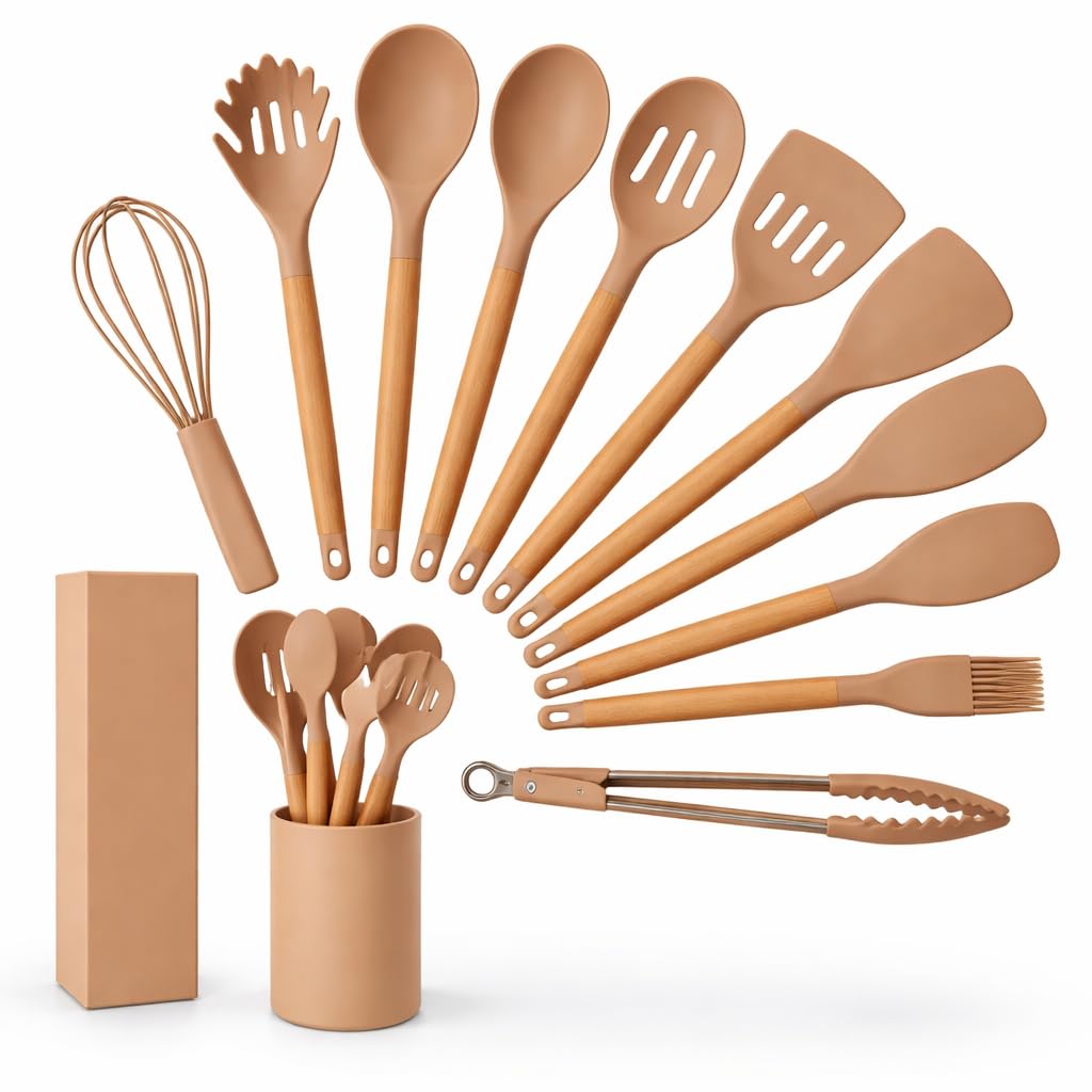 Ensemble de 12 Ustensiles de Cuisine en Silicone avec Manches en Bois – Antiadhésifs, Résistants à la Chaleur & Faciles à Nettoyer – Spatules, Louche, Fouet & Support – Design Moderne et Élégant