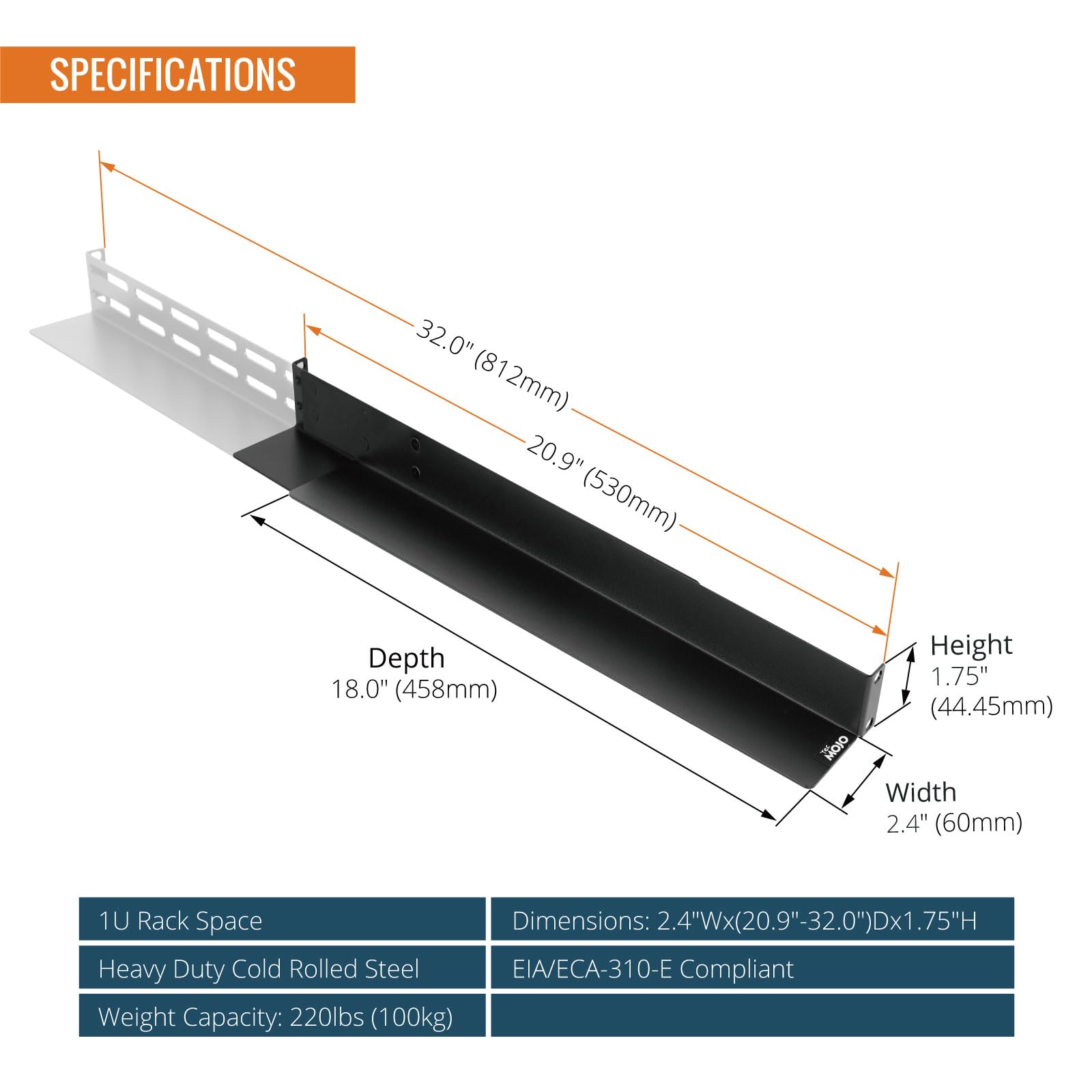 Tecmojo Rail de montage en rack 1U, rail d'étagère entièrement à 4 montants avec profondeur réglable de 53,1 à 81,3 cm, convient pour serveur/réseau/équipement audio/informatique non montable en rack