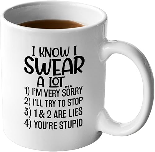 Veracco Taza de café de cerámica con texto en inglés "I Know I Swear A Lot I'm Sorry I'll Try To Stop You Are Stupid" (porcelana blanca)