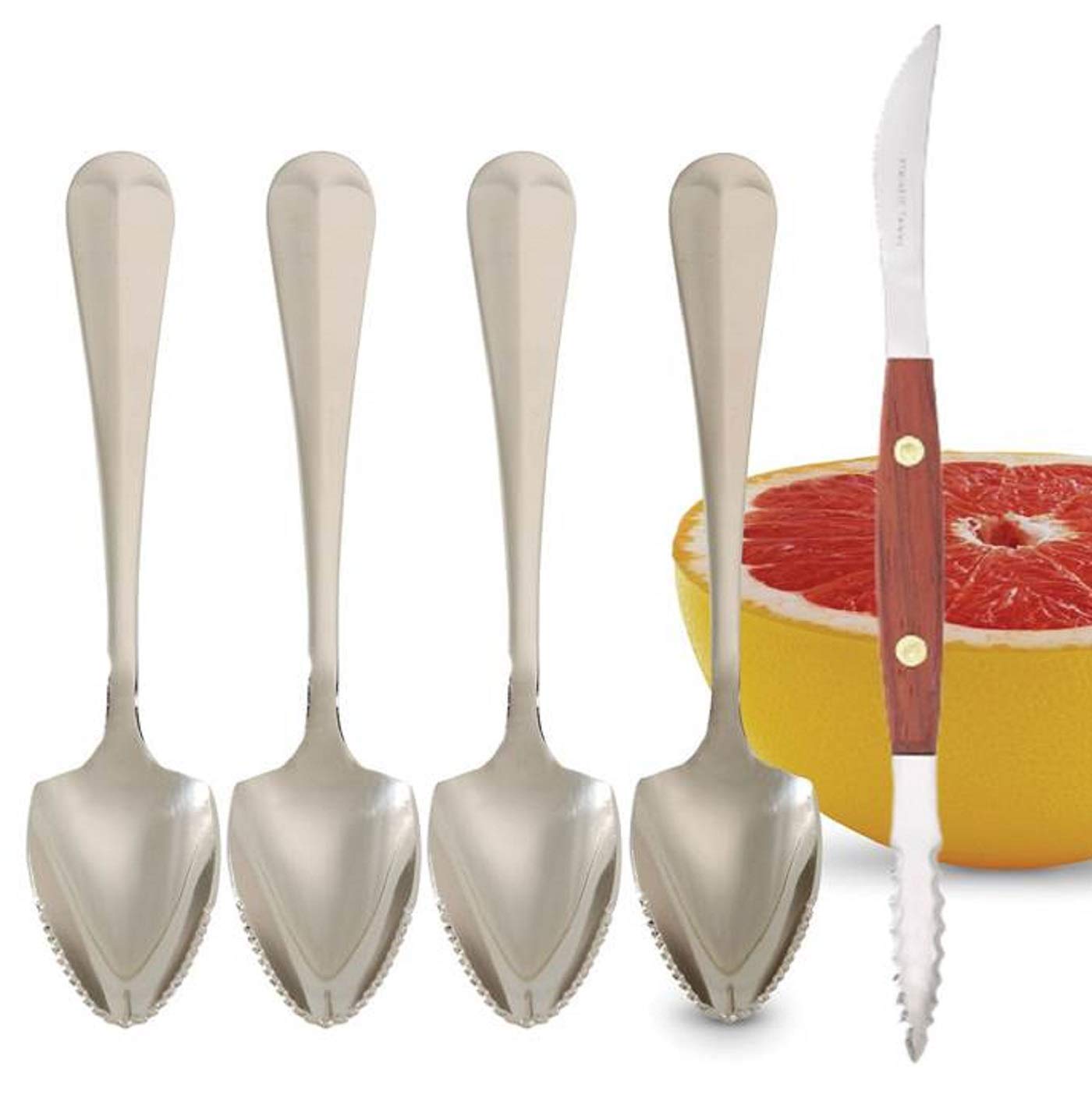 HIC Harold Import Co. 5 Pc Kitchen Grapefruit Spoons and Squirtfree Grapefruit Knife Set includes 4 Spoons with Pointed Tip and Serrated Edge and 1 Twin-Blade Serrated Sectioning Knife