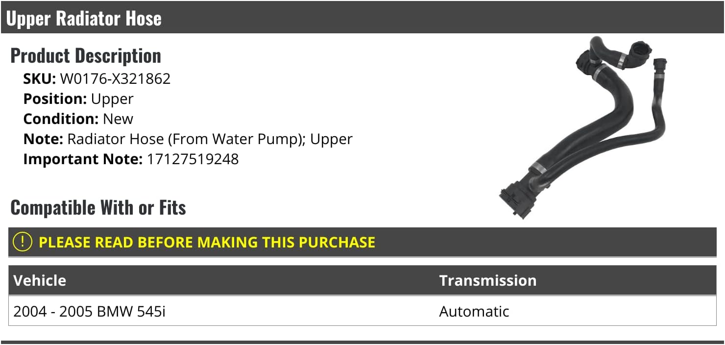 Upper Radiator Hose - From Water Pump - Compatible with 2004-2005 BMW 545i