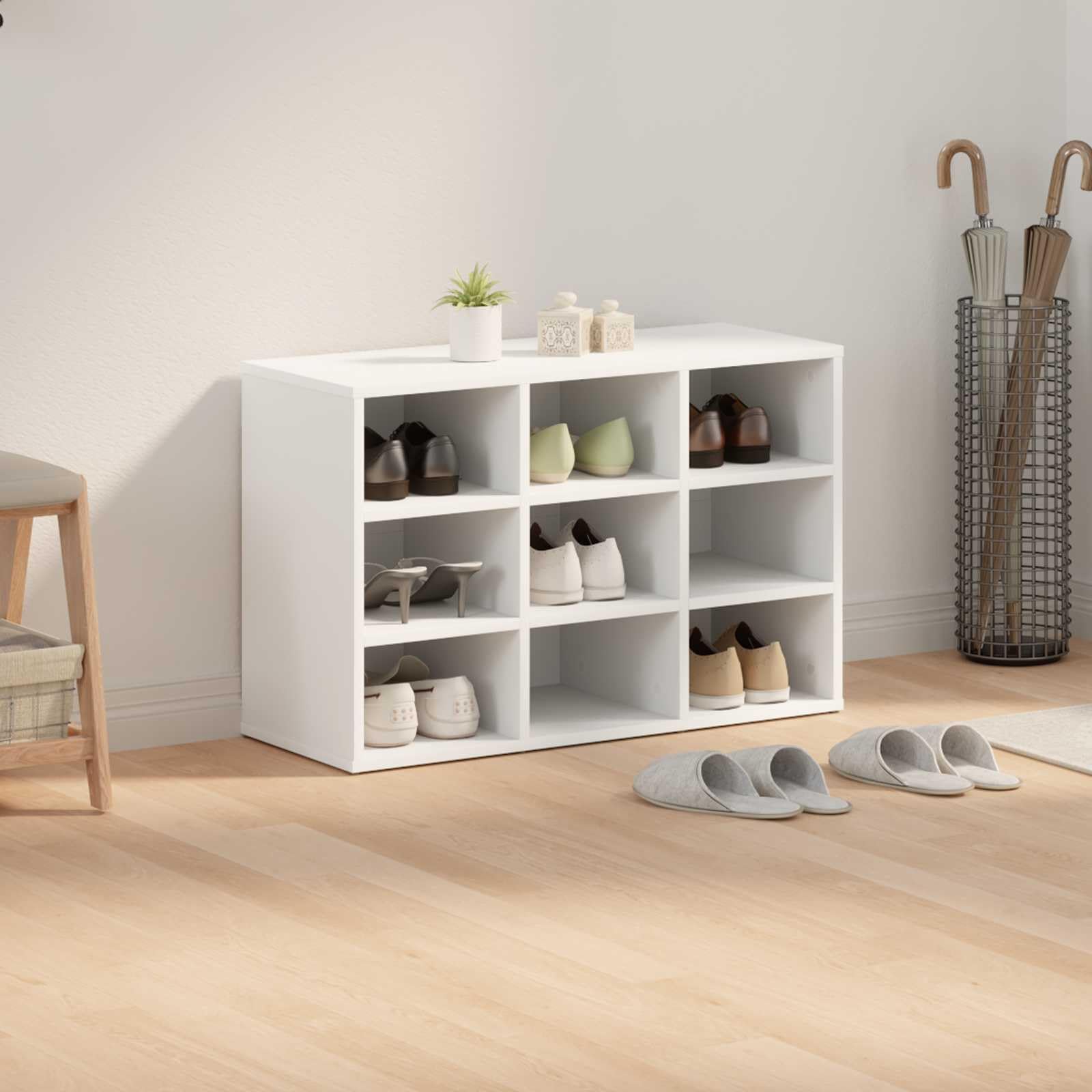 Szafka na buty z materiału drewnopochodnego, biała, 77,5 x 30 x 51 cm, z przegródkami i drzwiami, nie zajmuje dużo miejsca, do przedpokoju i przedpokoju, regał na buty, buty, kapcie, trampki