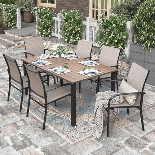HERA'S HOUSE Patio Table and Chairs Set 7 Pieces, Wood-Like Outdoor Metal Dining Furniture Sets for Backyard Lawn Deck