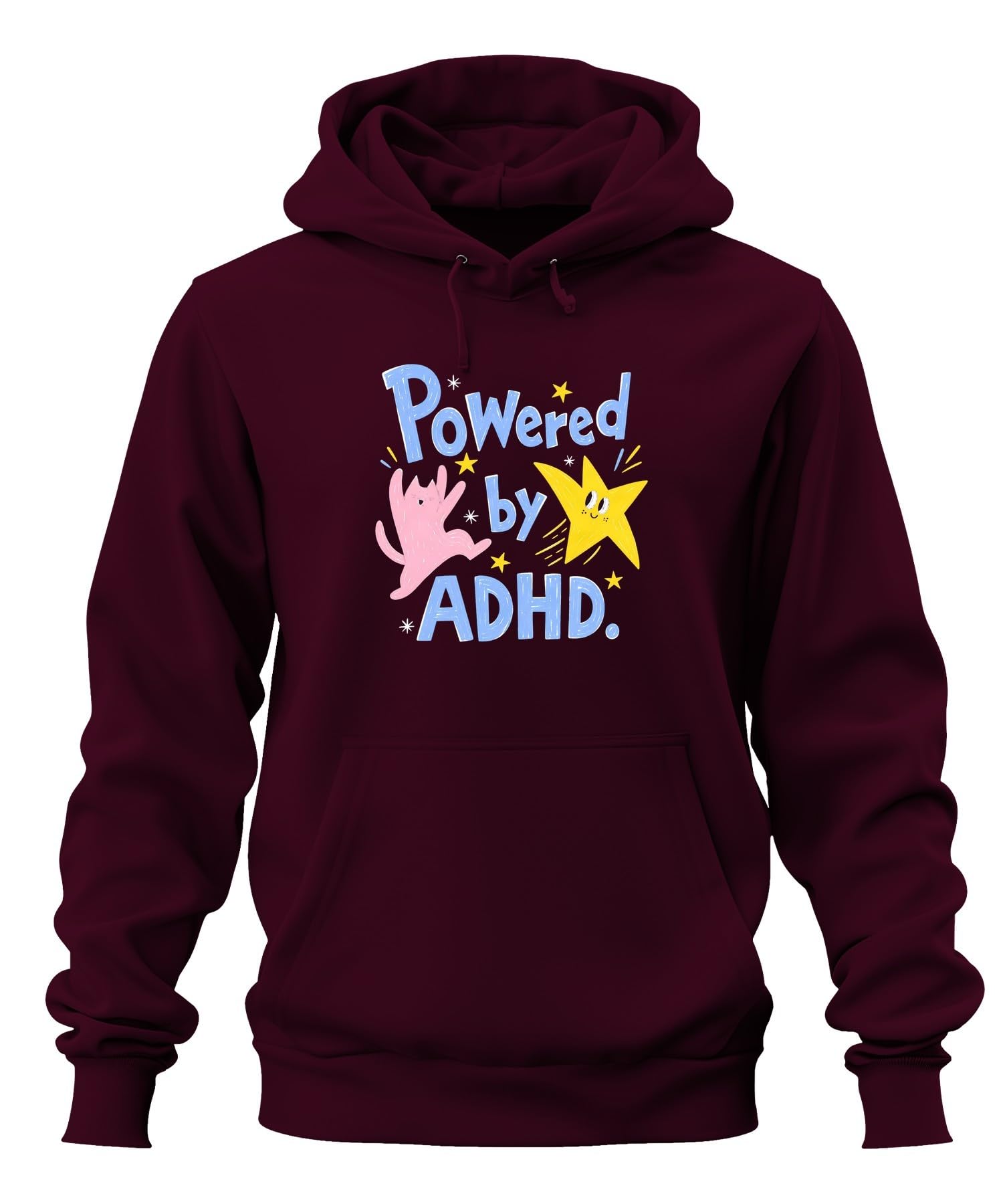 Powered by ADHD kot gwiazda statement bluza z kapturem | Sarkazm Koncentracja Nadpobudliwość Zdrowie Mental Health Awareness Dzieci Szkoła Pastelowe Ręcznie rysowane Kotek Gwiazdka