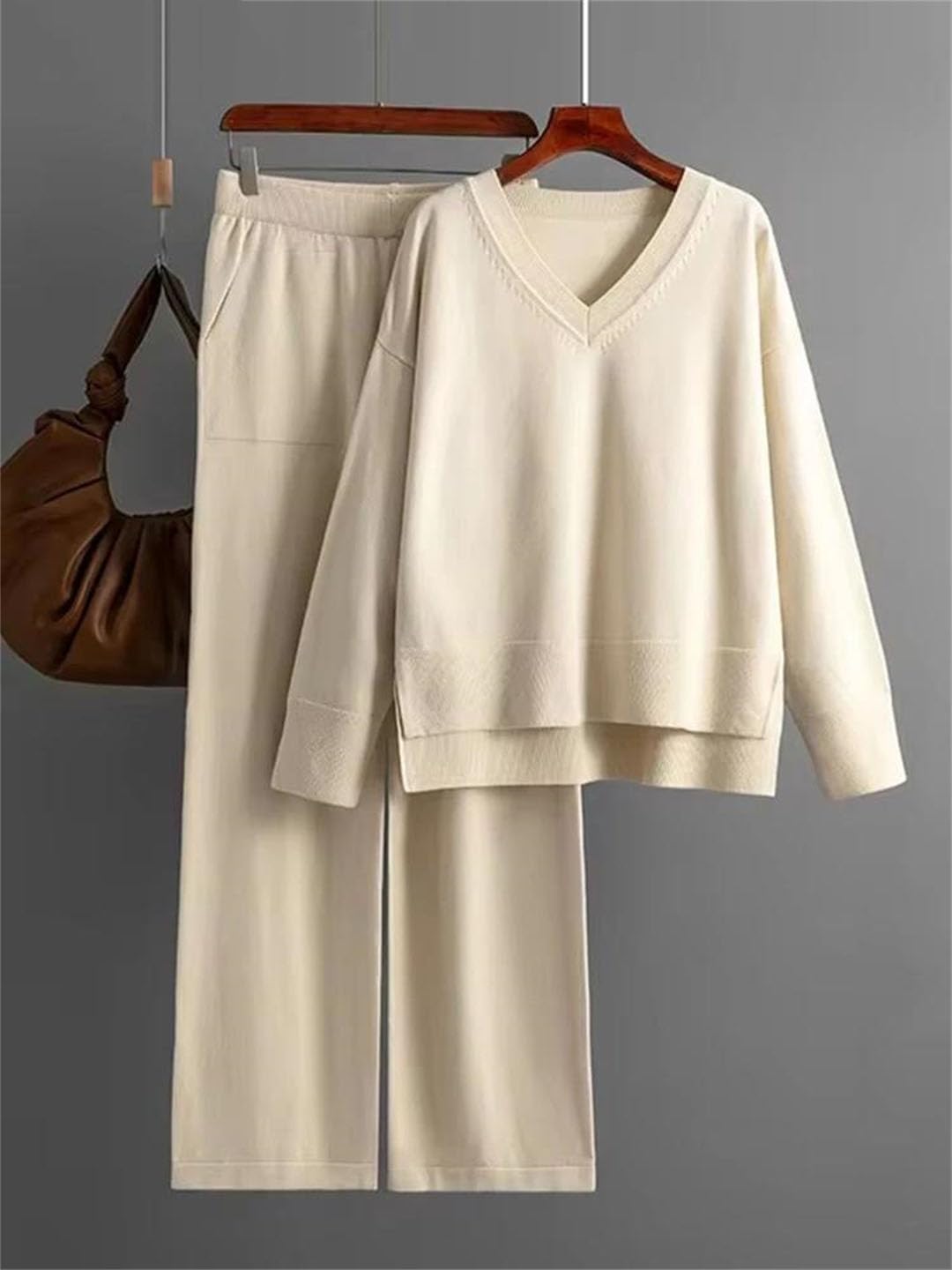 Inverno Allentato Maglia 2 Pezzi Set Donna Scollo A V Maglione Pullover Split Top Casual Pantaloni A Vita Alta Outfit