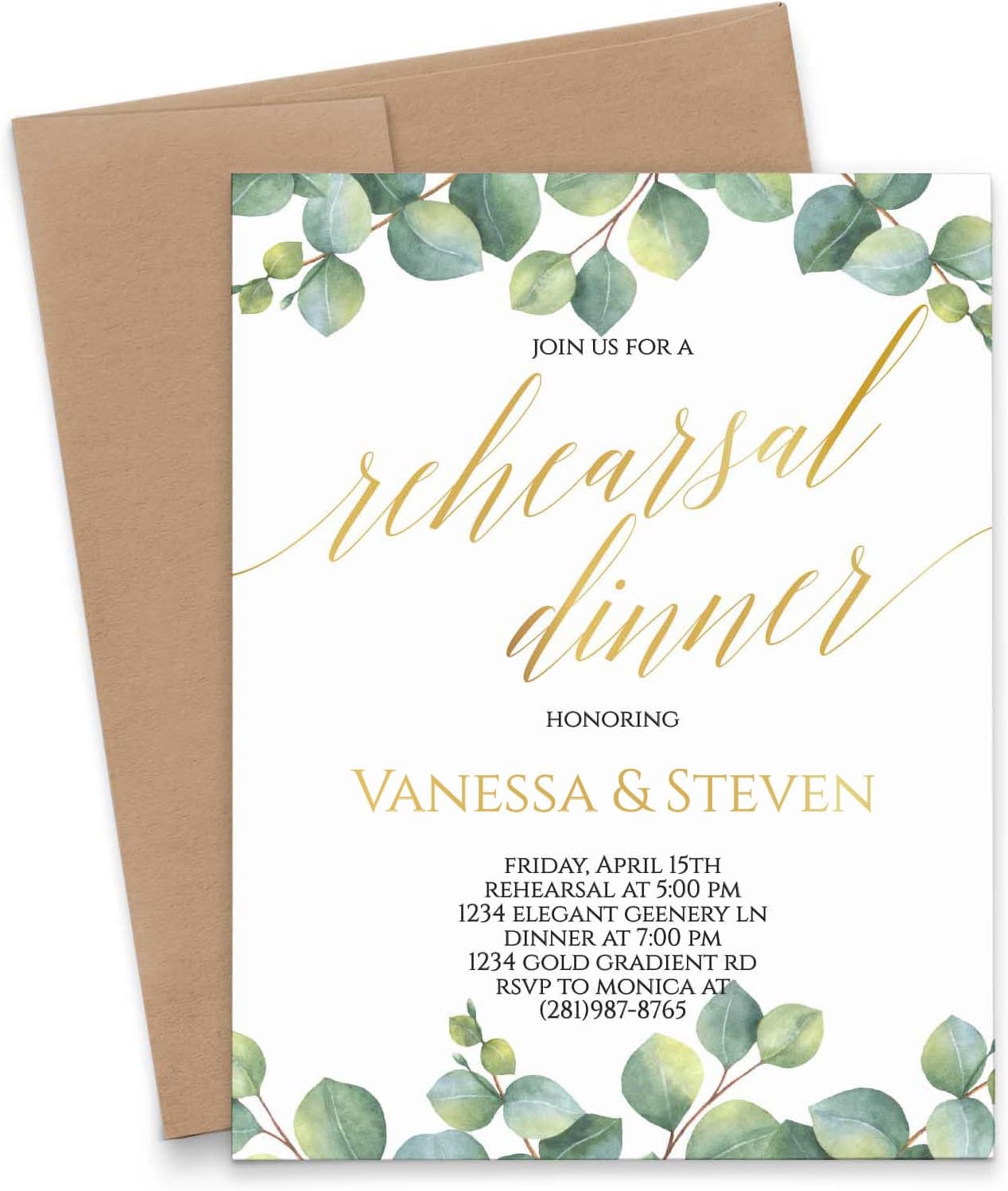 Modern Pink Paper Elegant Greenery Rehearsal Dinner Invitation Personalized, Your choice of Quantity and Envelope Color
