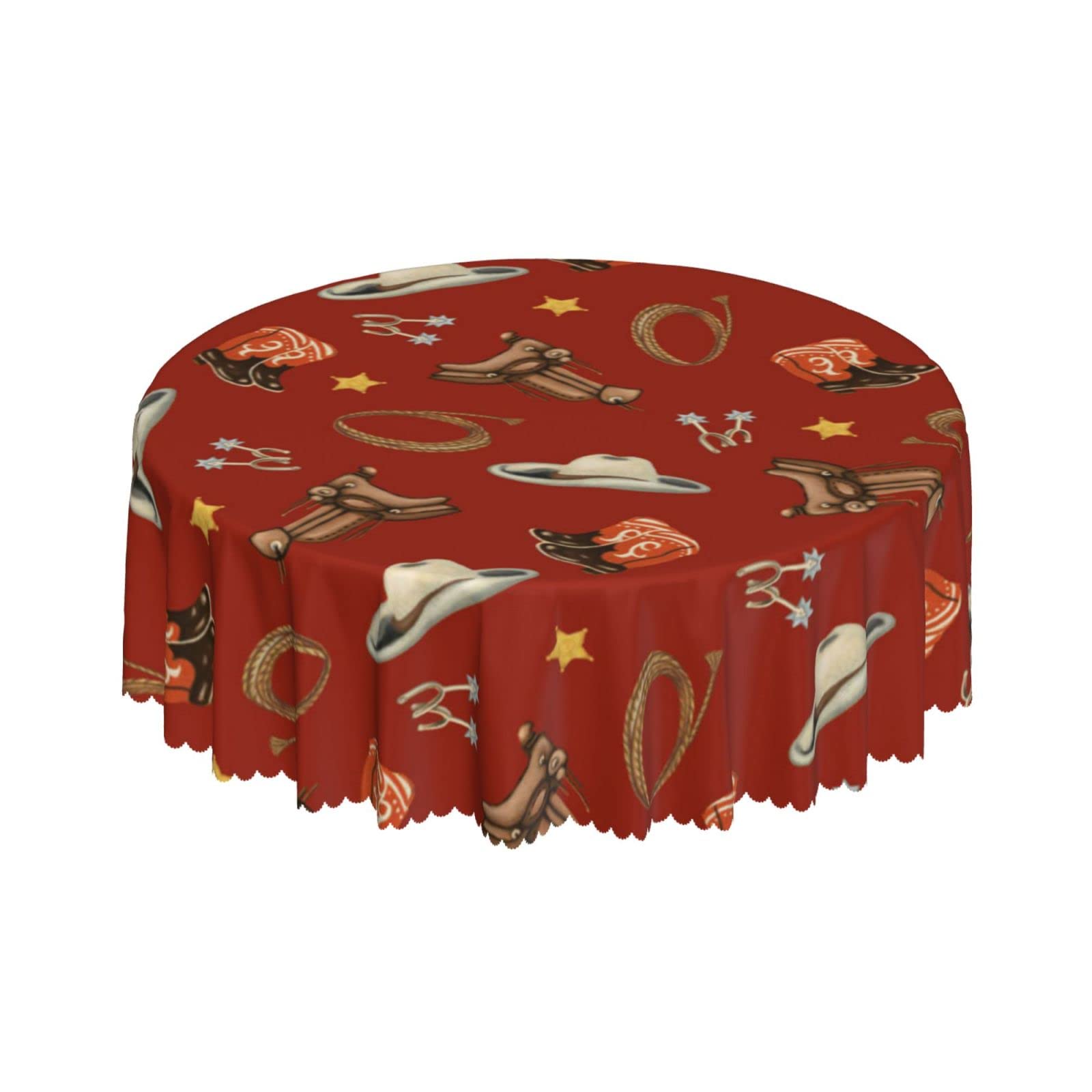 Lsjuee Cowboys Western Red Round Tablecloth 60 Inch Printed Washable Tablecloth for Dining Party Holiday Fall Home Decorative