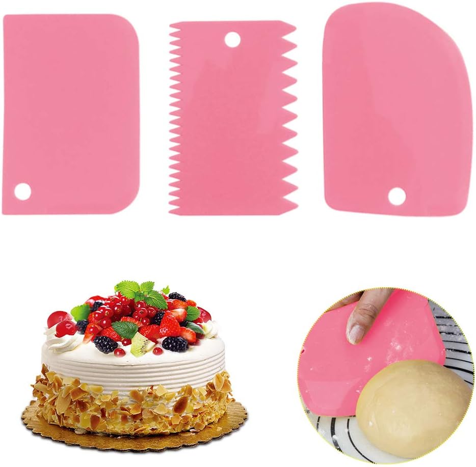 Homkeen Plastic Cake Scraper Spatula Set 3PCS, Dough Cutter Scraper Dough Bowl Scrapers Plastic Dough Icing Fondant Scraper Cake Decorating Plain (Pink)