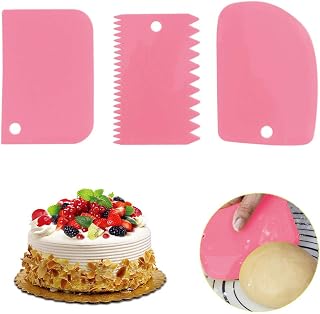 Juego de 3 espátulas de plástico para tartas, cortador de masa, raspador, tazón, raspador, pasta de plástico, fondant, decoración de pasteles, color rosa