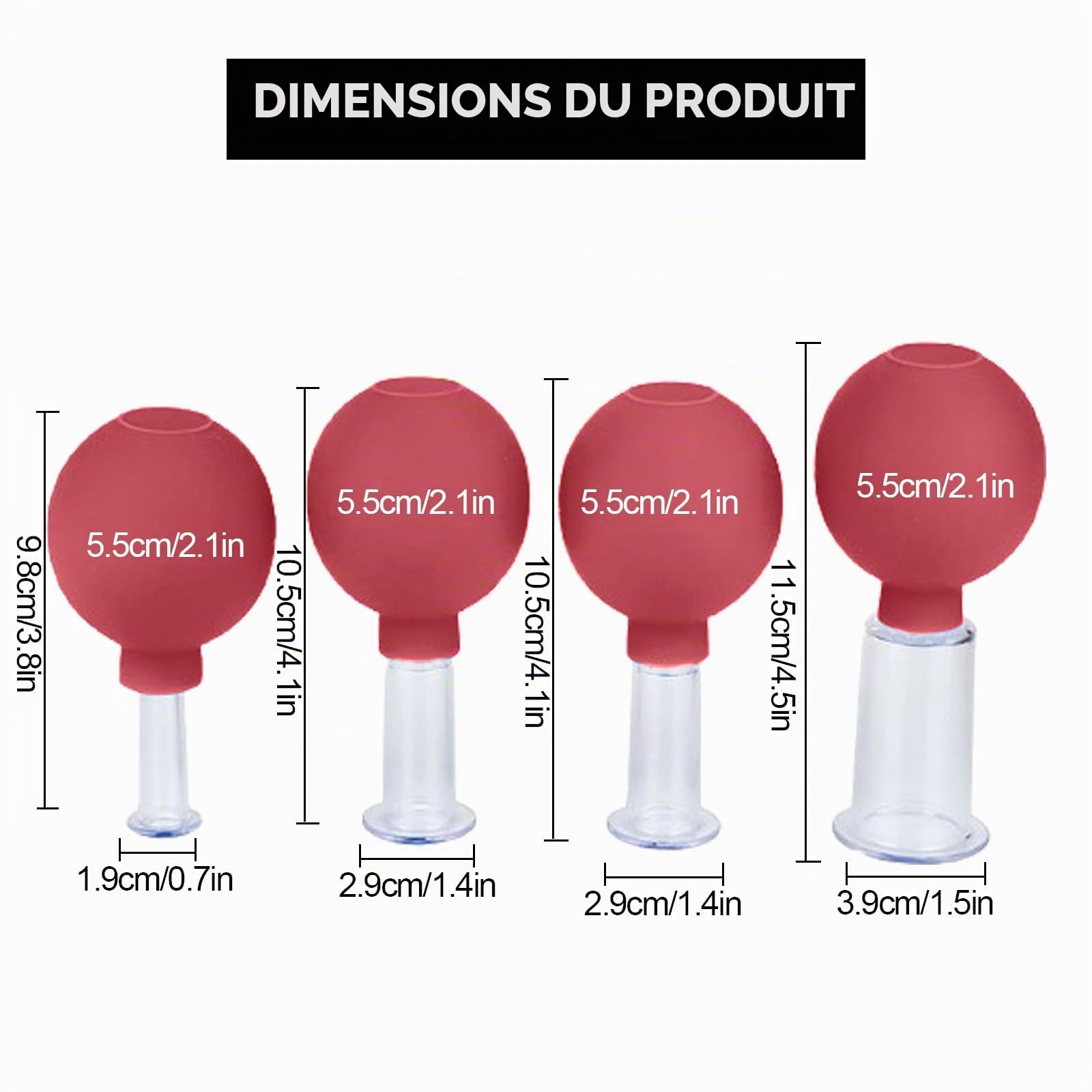 4 Pièces Ensemble de Thérapie par Ventouses pour le Visage, tasse en plastique Ventouses Sous Vide,Pour massage - Avec forte puissance d'aspiration - Avec boule d'aspiration contre les tensions la cel