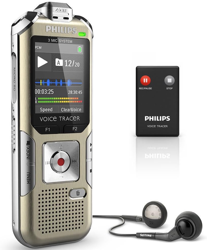 Philips DVT6500 Voice Tracer Digital Recorder with 3 Microphone High Fidelity Recording, remote control, 4GB, colour display, silver shadow