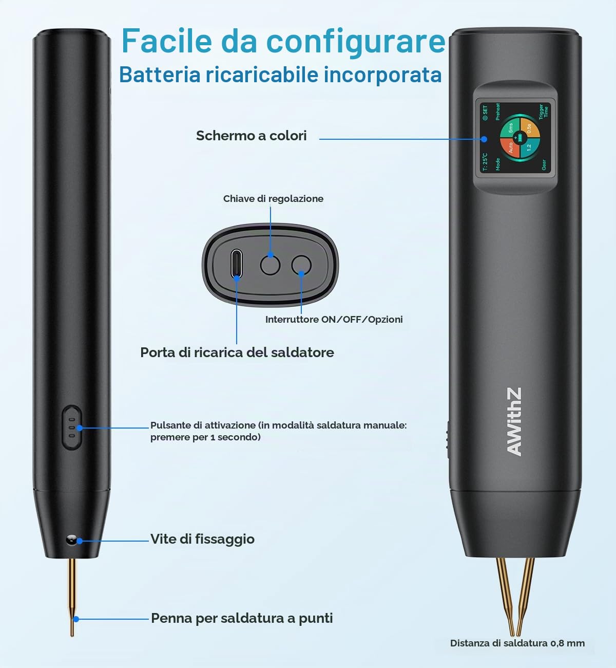 Saldatrice a punti per batterie, AWithZ 2 in 1 Saldatrice a Punti H2 con aghi di ricambio,LCD, 99 Livelli regolabili per riparare piccoli progetti, realizzare pacchi batteria (H2PRO)