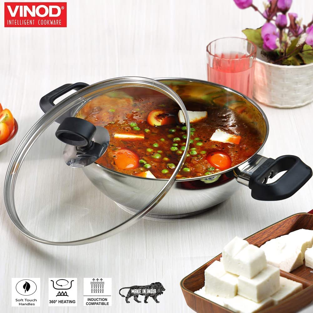 Kadai Wok Vinod Platinum 22 Cm 2.4L - Acier Inoxydable 3 Couches, Induction, Couvercle Inclus