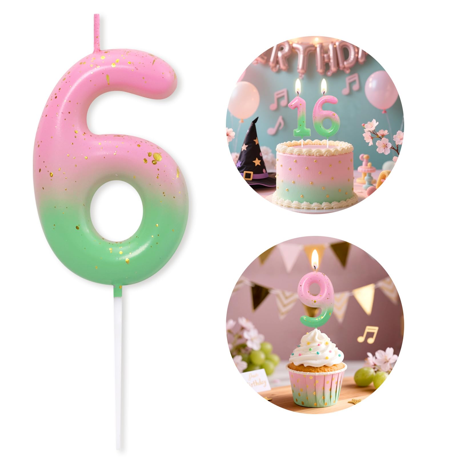 Pink Green Number 6 Candle Happy Birthday 3D Number Candles for Birthday Cake Party Decoration Wedding Anniversary Celebration Supplies