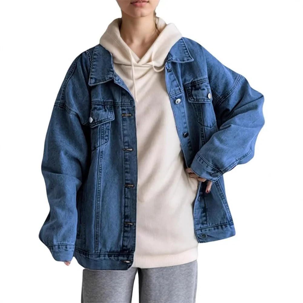 Kobiety luźne kieszenie dżetów denim płaszcz vintage casual vintage guziki styl chłopaka top