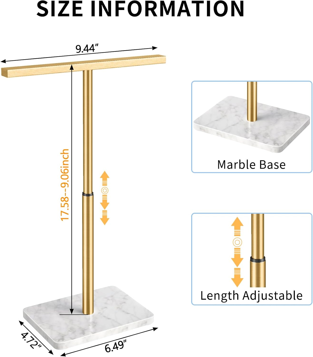 Hand Towel Holder, T-Shape Gold Hand Towel Stand for Bathroom, Towel Rack with Stainless Steel for Kitchen Vanity Countertop, Marble Base Adjustable 9.06inch -17.68inch
