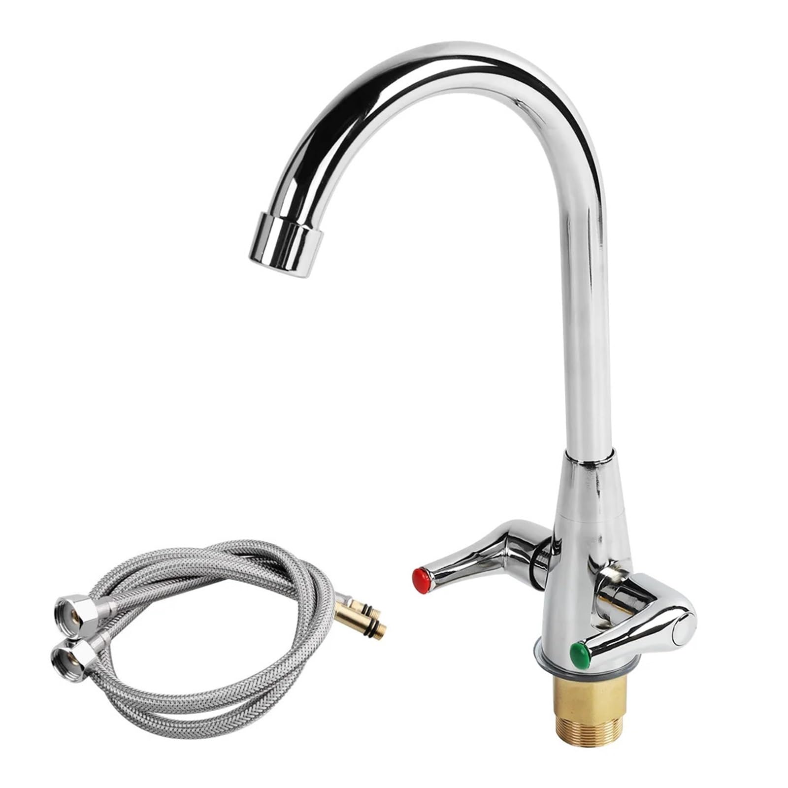 Double Lever Sink Kitchen Hot and Cold Water Sink Mixer Faucet- 360° Swivel Spout Elbow with 60cm Inlet Hose