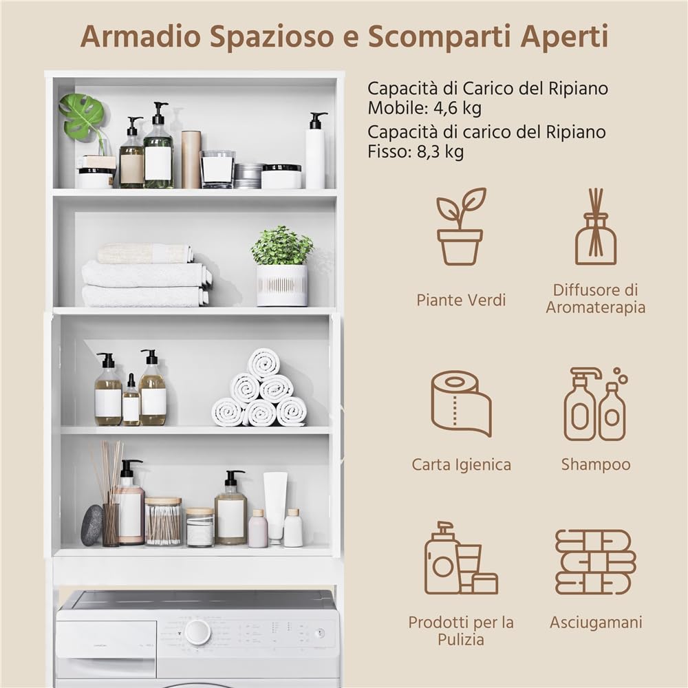 Yaheetech Mobile per Lavatrice Mobiletto da Bagno a Terra Scaffale Sopra Toilette con Ripiano e Ante Mensola Portaoggetti Salvaspazio