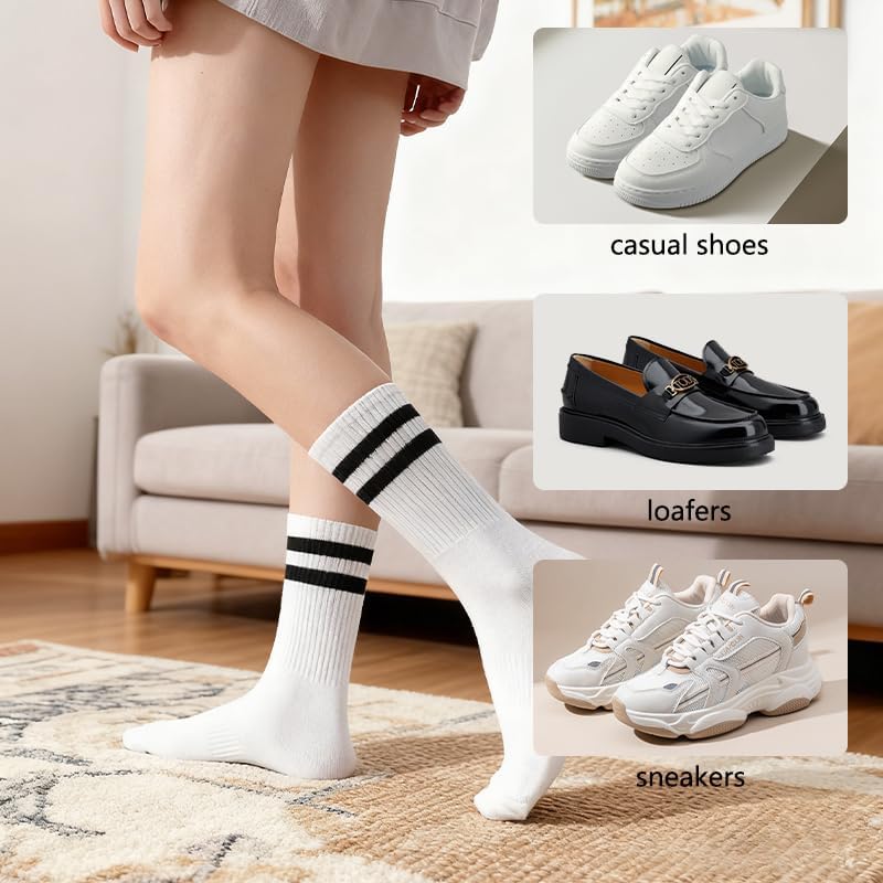 Women’s Retro Double Stripe Crew Socks – Soft Polyester Casual Mid-Calf 6 Pairs Pack, Size 5-10 - Image 3