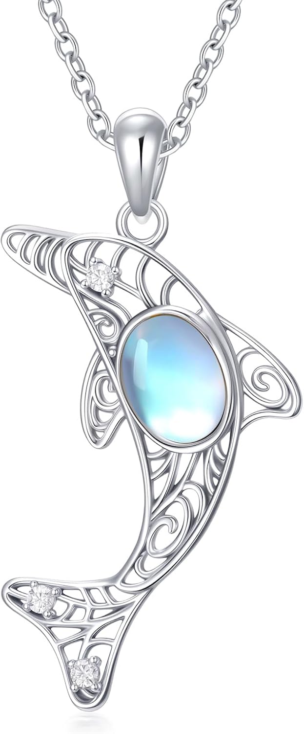 925 Sterling Silver Ocean Animals Moonstone Necklace, Dolphin/Crab/Fish/Sea Horse Pendant Necklace for Women, Moonstone Jewelry Gift for Mother Wife Lover, Birthday Anniversary