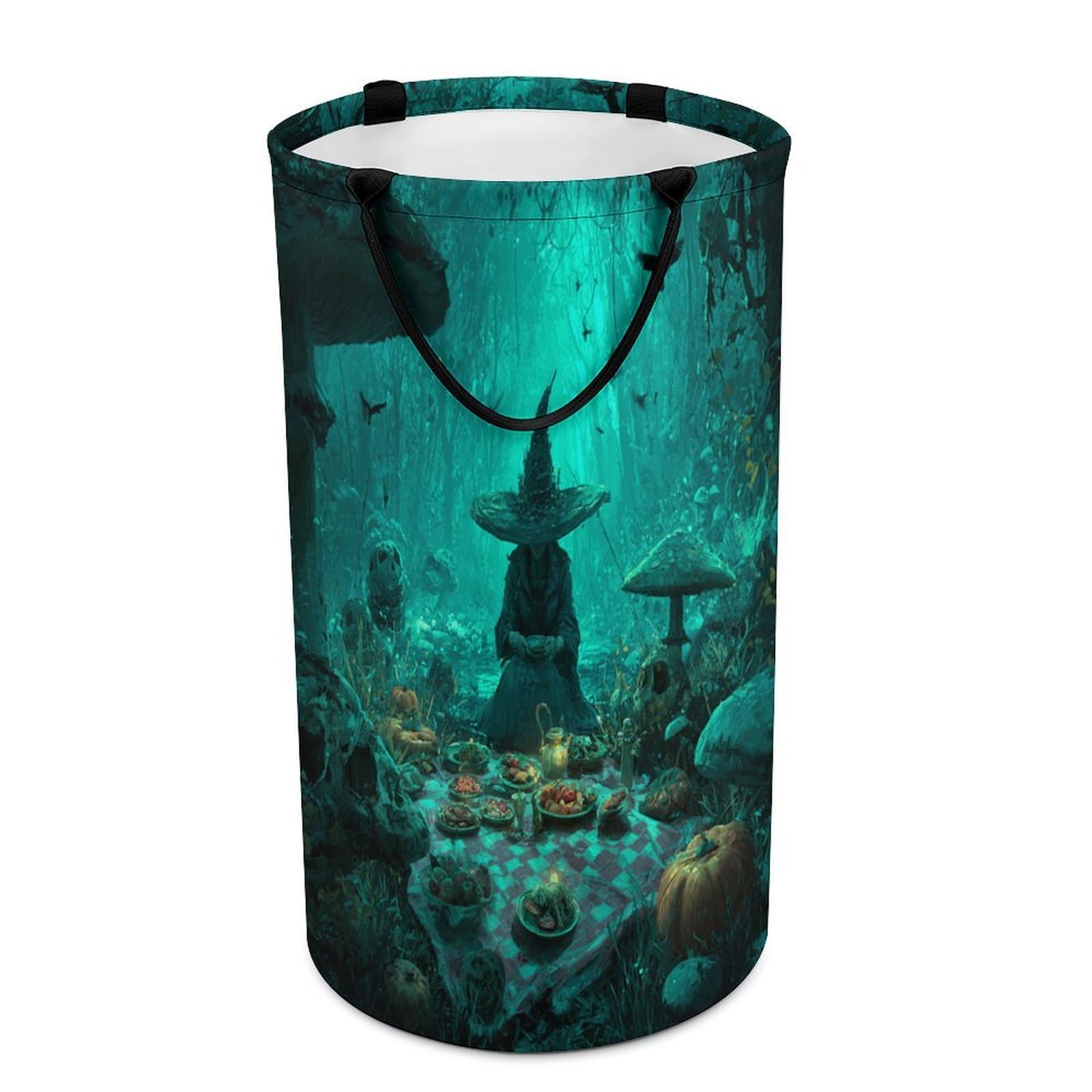 LUYYSKY Elegant Realistic Gothic Witch Collapsible Dirty Clothes Basket, Classic Watercolor Spooky Forest Plant Mushroom Skull Skeleton Portable Clothes Storage Laundry Basket-40 CM Dia, 69 CM High