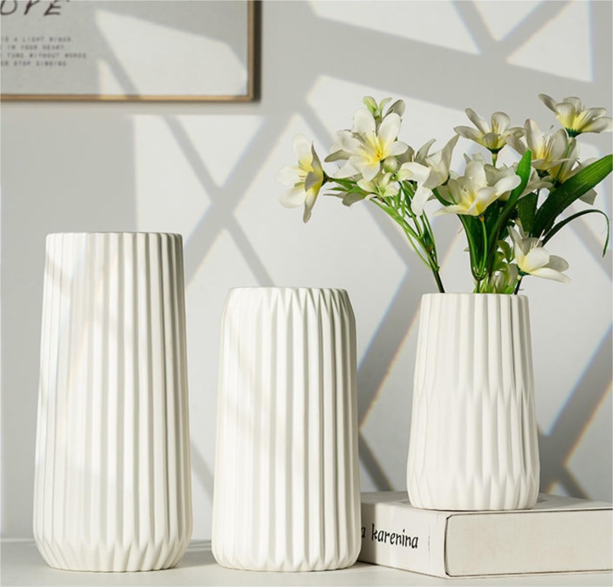 Wazon, Wazon Kwiaty Biały Ceramiczny Origami Paski Kwiatowy Minimalizm Żebrowany Dekoracja Domu Centralny Centralne Elementy Do Wazonów