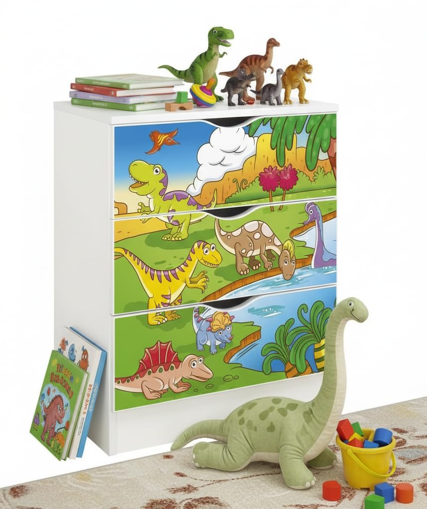 leomark cassettiera in legno 60 x 42 x 78 cm, comò con cassetti Roma, armadietto per camera da letto casa, scuola materna, asilo nido, stile scandinavo, mobiletto con stampa UV Dinosauri
