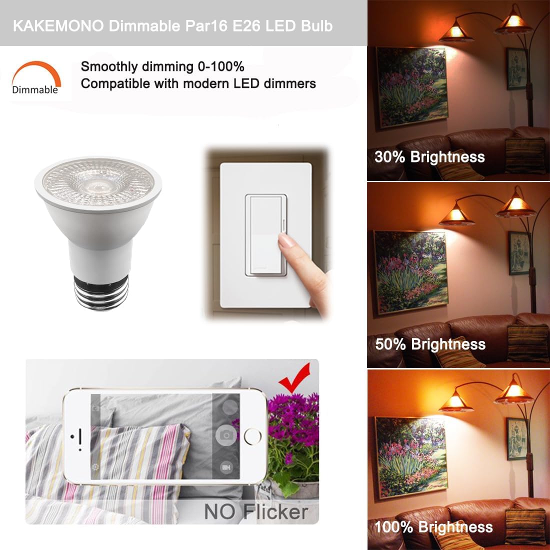 KAKEMONO PAR16 LED Bulbs Dimmable 5W Long Neck Track Spotlight,E26 Medium Base,Warm White 2700K,Pack of 3