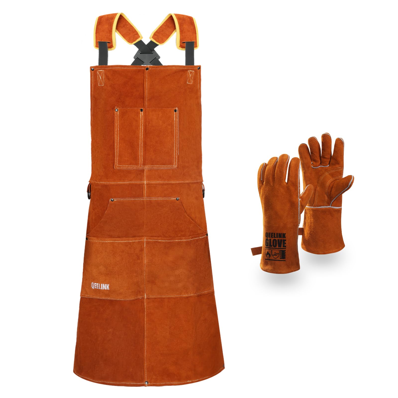 Qeelink Men's Brown Leather Welding Apron With Gloves For And Wo, Work For Carpenter, Woodworker With 6 Pockets, Adjustable M To Xxl