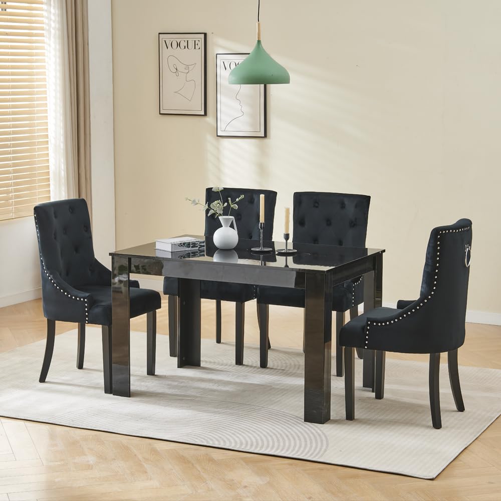 Menaka Modern Wooden Dining Room Table and Chairs Set of 4 for Small Space, 5 Pieces Rectangular Kitchen Table with 4 Chairs (110cm black table and 4 black leather chairs#1) — view 52
