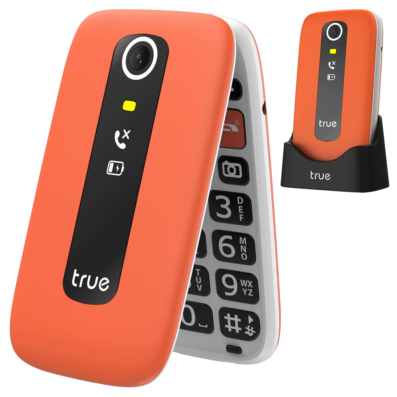 TRUE S70 Seniorenhandy Klapphandy ohne Vertrag, 2G Handy mit großem 2,8-Zoll-Display, Sturzerkennung, SOS-Notruftaste, extra laut, große Tasten, Schrittzähler, Schnellwahl, Ladestation, Orange | Sturzsensor, extra laut modus, große Nummernanzeige, große Schrift