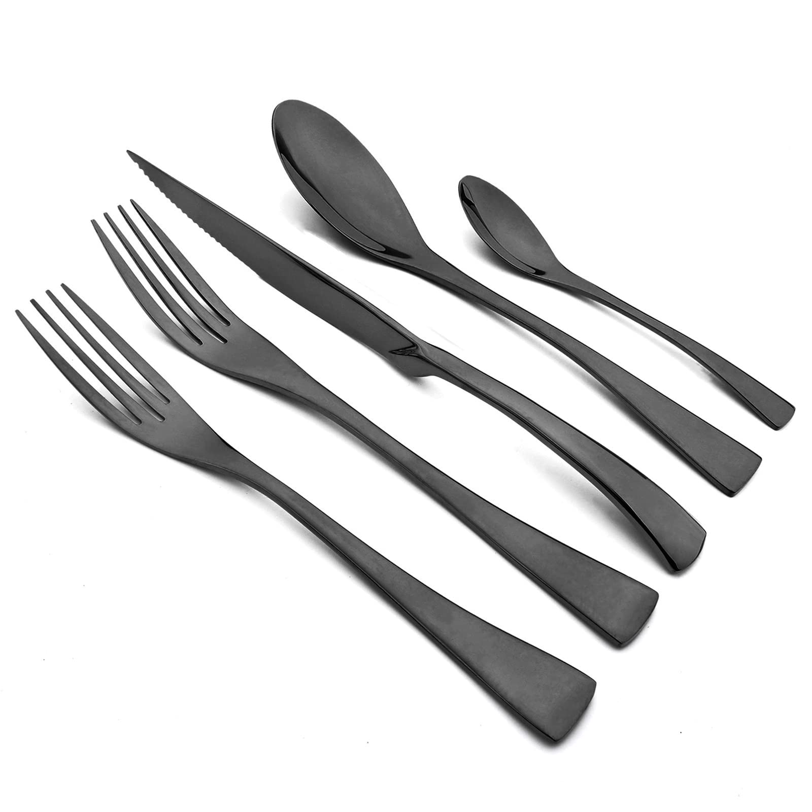 Snplowum 20-Piece 304 Stainless Steel Silverware Flatware Set With Steak Knife Teaspoon, Mirror Black, Service For 4