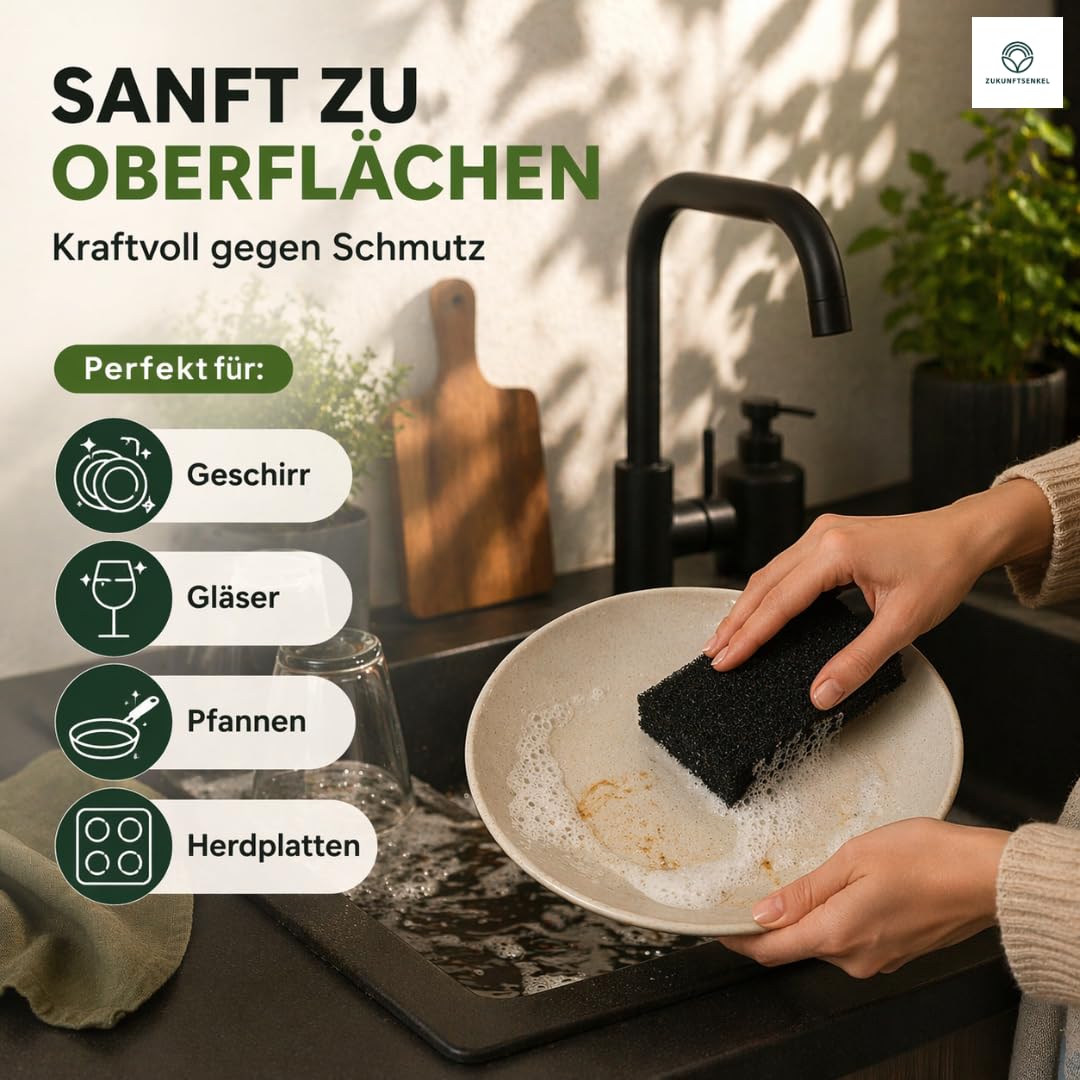 Schwarze Spülschwämme Nachhaltig 12er Pack Schwämme– Biologisch Abbaubare Küchenschwämme aus Algenfaser – Plastikfrei, Kratzfrei & Umweltfreundlich – Naturschwamm für Moderne Küchen (12, Schwarz)