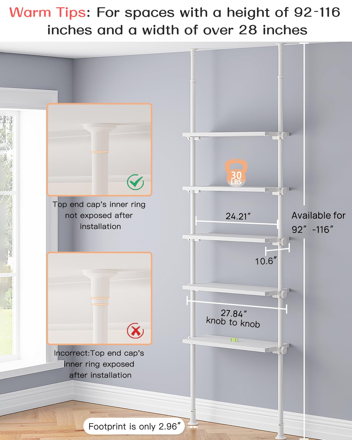 ALLZONE Libreria stretta a 5 livelli, scaffale alto regolabile con contenitore aperto, supporto a tensione dal pavimento al soffitto, libreria industriale in legno per soggiorno, da 233 a 300 cm