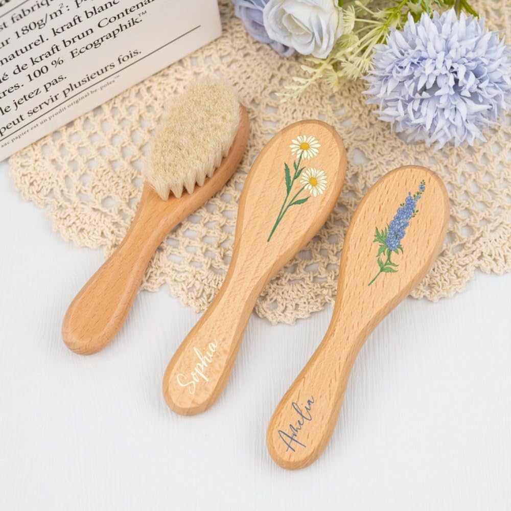 Custom Birth Flower Baby Hairbrush,Baby Name Hair Brush,Wooden Baby Hair Brush,Newborn Hair Brush, Personalized Name Hair Brush (1pcs)