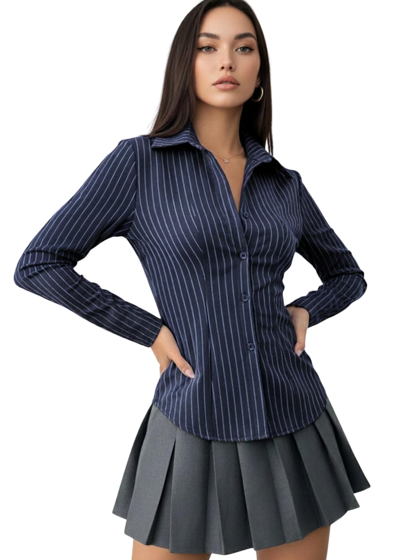 Stipred Front Button Long Sleeve Casual Shirt for Women's & Girl's