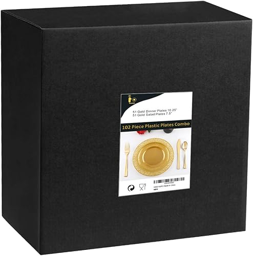 Miniatura 7 de 102 platos desechables de plástico de color café dorado con diseño de encaje sin bisfenol A lo que incluye 51 platos llanos de 1025pulgadas y 51