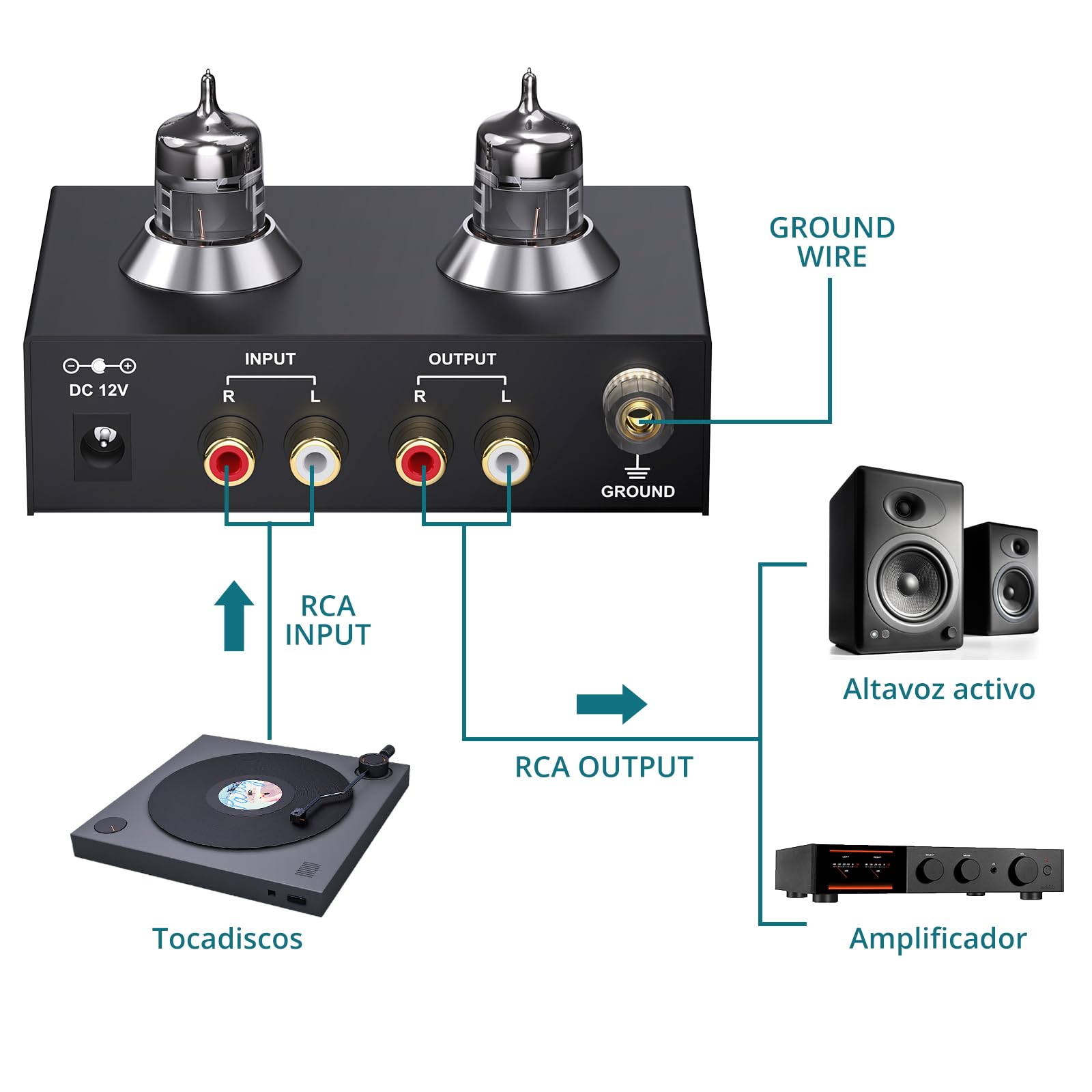 Preamplificador de Fono de Válvulas de Vacío para Tocadiscos MM Preamplificador de Giradiscos Audio Hi-Fi Stereo con Interfaz Chapada en Oro para Altavoces Computadora