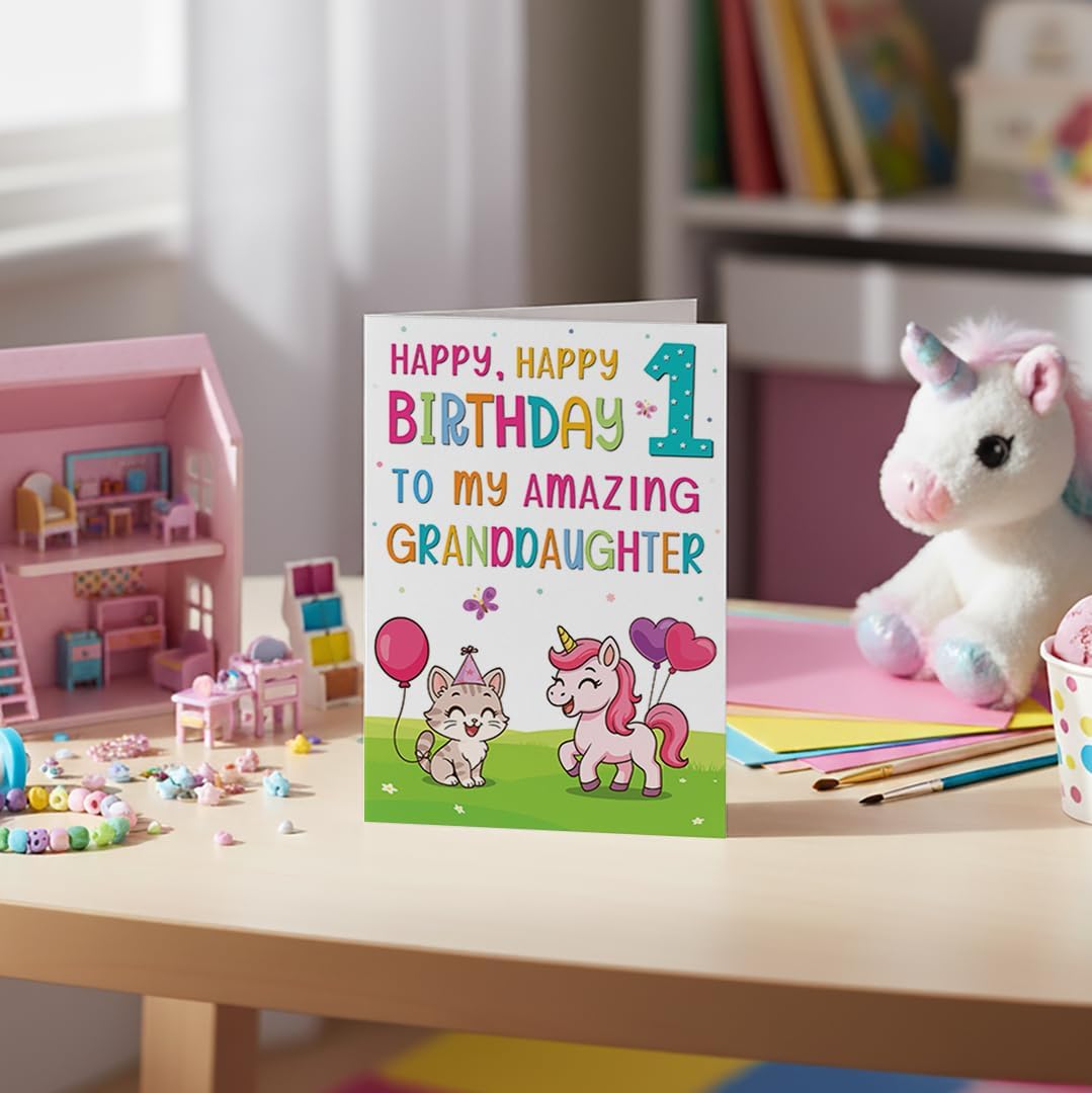 Cards Granddaughter 1st Birthday Card – Cute Kitten & Unicorn Design – A5 size Premium Greeting Card UK - Image 5