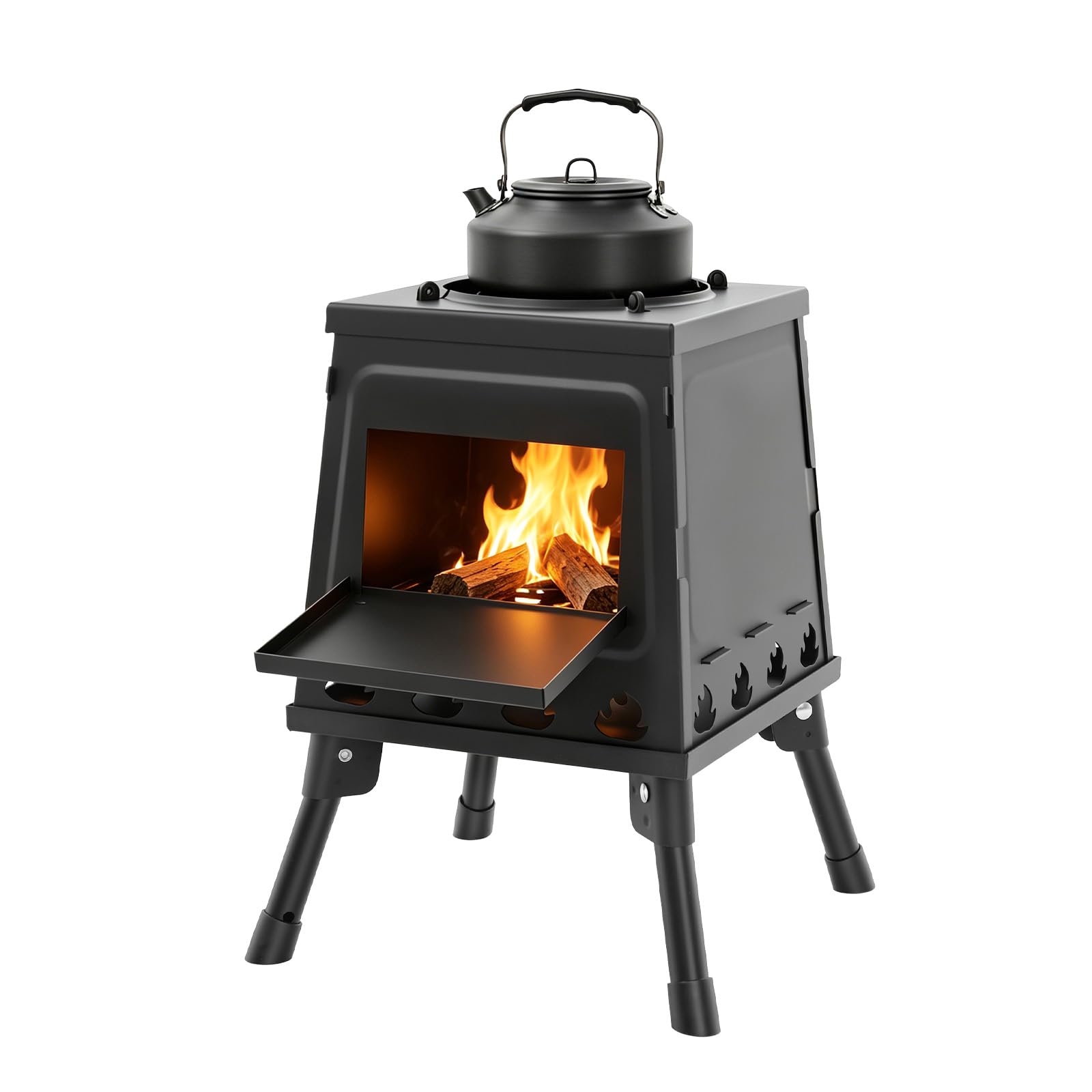 Estufa portátil de acero plegable para camping, estufa de leña multifuncional para exteriores, para 3-5 personas, color negro