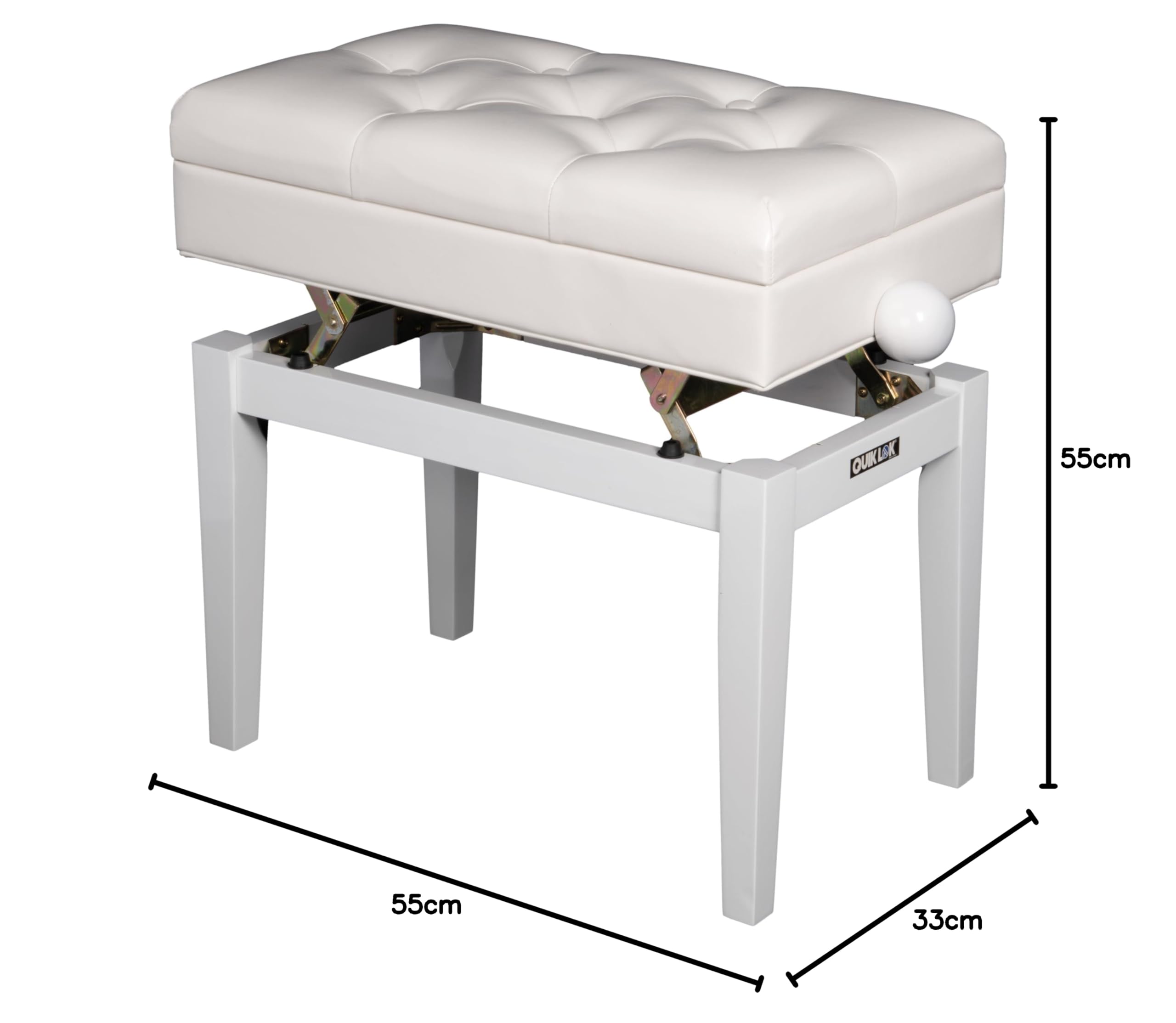 QUIK LOK - PB/106 WH L PANCA IN LEGNO PER PIANOFORTE Con Seduta Imbottita, Finitura Capitonné, Vano porta spartiti, Altezza Regolabile da 46 a 55 cm, Seduta 55 x 33 cm, in Ecopelle, Bianco Lucido