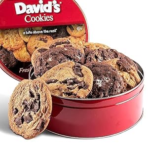 David’s Cookies Assorted Fresh-Baked Decadent Cookie Gift Basket Tin — Luscious Large Cookies No Added Preservatives 4 oz./ each— All-Natural Cookies — Ideal Gift for Corporate Birthday Fathers Mothers Day Get Well and Other Special Occasions – 2 lb (8 Cookies)