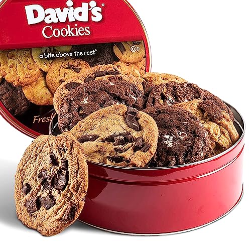 David’s Cookies Assorted Fresh-Baked Decadent Cookie Gift Basket Tin — Luscious Large Cookies No Added Preservatives 4 oz./ each— All-Natural Cookies — Ideal Gift for Corporate Birthday Fathers Mothers Day Get Well and Other Special Occasions – 2 lb (8 Cookies)