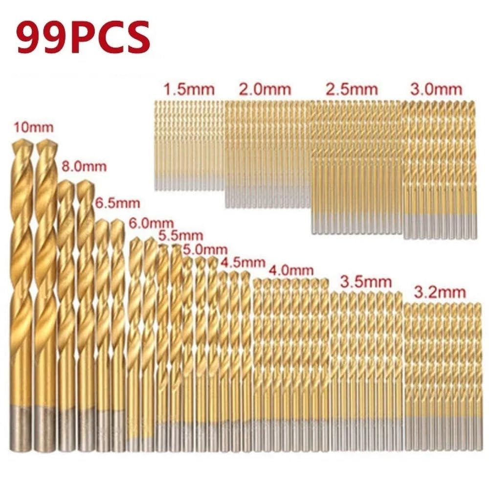 Coffret de 99 forets métriques en acier rapide pour le perçage du titane et des métaux durs (1,5 à 10 mm), pour le travail du bois, couleur or.