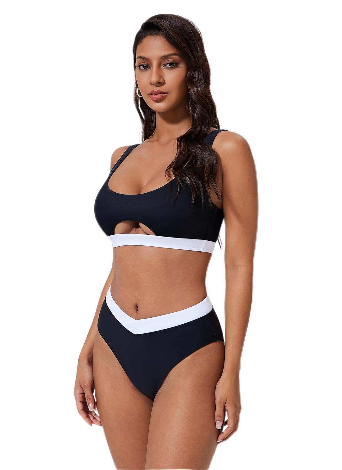 night pleaser Women's High Waist Bikini Set, Two Piece Swimsuit with Cutout and Contrast Trim, Tummy Control Push Up Swimwear for Beach, Pool, Vacation-picture-38