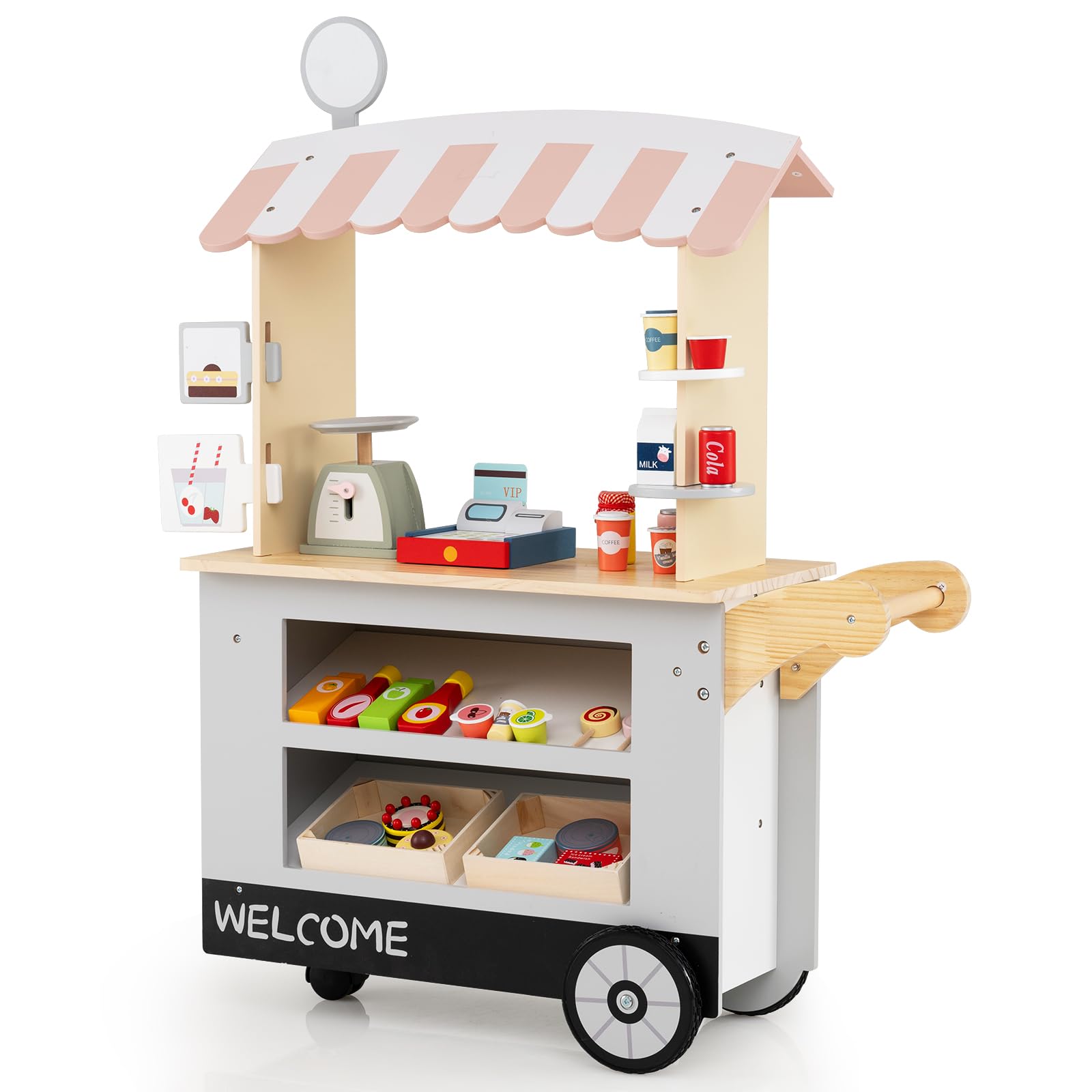 GYMAX Kids Grocery Store Cart, Wooden Market Play Shop with Wheels, 30 Pieces Accessories, Beverage Rack & Food Display Area, Pretend Children Shop Role Playset for 3 Year Old + (Gray) — image 1