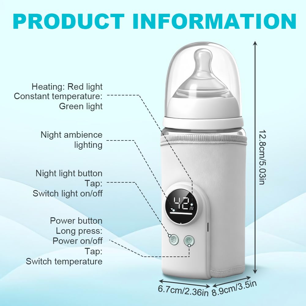 Chauffe-biberon portable pour bébé, plug-in, chauffe-biberon portable pour bébé en déplacement, 6 températures réglables 38-50 °C, chauffe-biberon avec écran LCD, blanc